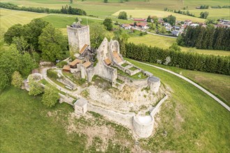 Aerial view of medieval castle ruin near Sulzberg, Allgäu, Bavaria, Germany, Europe