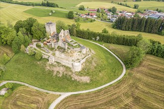 Aerial view of medieval castle ruin near Sulzberg, Allgäu, Bavaria, Germany, Europe