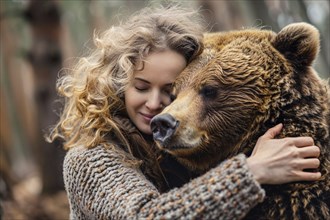 Woman hugging bear in forest. Concept for man or bear debate. Generative Ai, AI generated