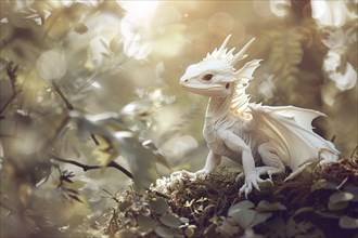 Small white dragon in forest. Generative Ai, AI generated