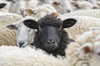 Close up of single black sheep between flock of white sheep. Generative Ai, AI generated