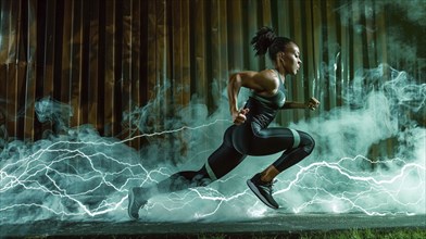 A female athlete running with lightning and smoke in the background, showcasing intense energy and