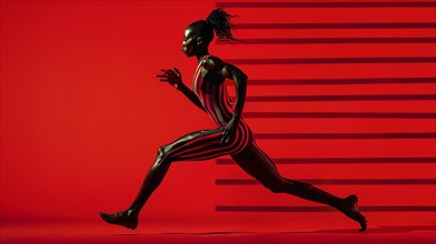 A female athlete in a striped outfit running against a red background, capturing dynamic motion, AI