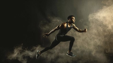 A man leaps against a dark smoky backdrop, demonstrating athletic strength and motion, AI generated