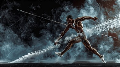 Athletic man performing pole vault through blue smoke creating a detailed and dynamic atmosphere,