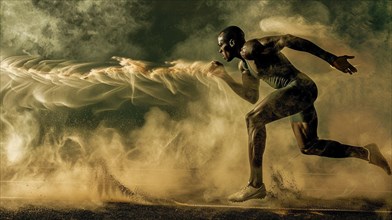 Athletic man running through sepia-toned smoke in a dynamic and energetic scene, AI generated