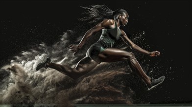 A woman leaps into the air with power, cutting through a black smoke backdrop, showcasing athletic