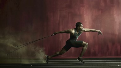 A man poised to throw a javelin against a backdrop of red smoke, emphasizing strength and focus, AI