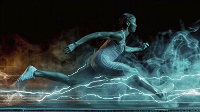 A woman sprints against a backdrop of blue smoke and electric effects, exuding energy and speed, AI