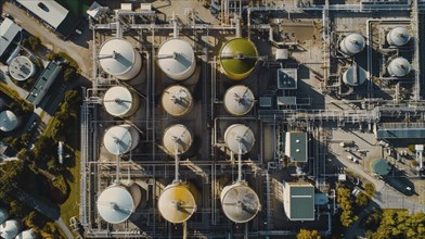 A top view of an industrial complex with a systematic layout of tanks and pipes, AI generated