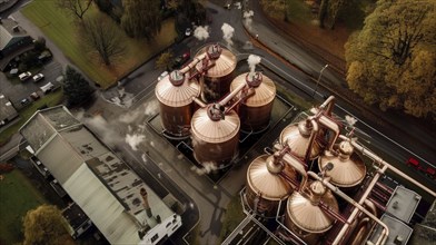 Aerial view of an industrial facility with large copper tanks emitting steam, AI generated