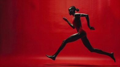 A female athlete's silhouette running against a red background, capturing fitness and motion, AI