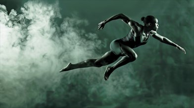 A female athlete captured mid-jump with a backdrop of green smoke, highlighting dynamic motion, AI