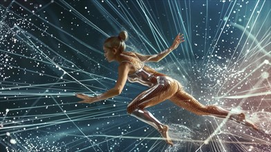 A female athlete running with a digital futuristic background conveying speed and motion with