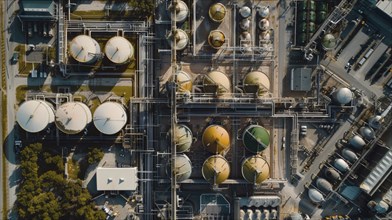 Aerial view of an industrial site featuring a complex system of tanks and machinery, AI generated