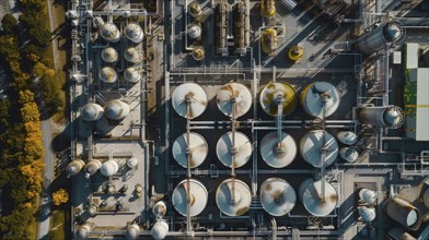 Top view of an industrial facility with a network of tanks and pipes, AI generated