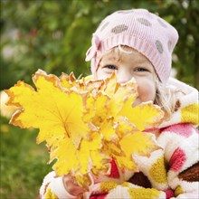 Portrait of happy child hidden behind yellow maple leaves in autumn park