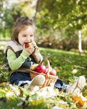 Child eating red apple in autumn park