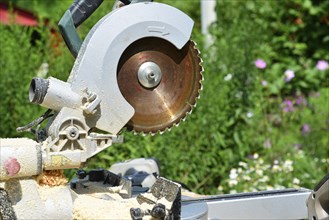 Circular saw and on the background of nature in summer