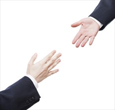 Business support and assistance concept, businessman giving helping hand to team partner white