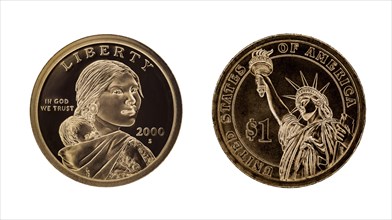 US one dollar coin, Sacagawea and Statue of Liberty. Isolated on white background