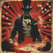 A poster of a magician in a top hat with playing cards and red rays emanating, set against a dark,