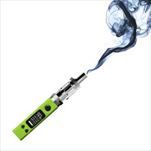 Green electronic cigarette and smoke cloud, isolated on white background