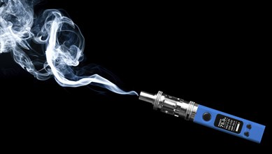 Blue electronic cigarette and smoke, isolated on black background