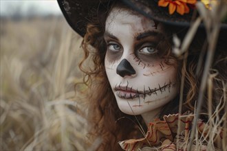 Young woman with Halloween scarecrow costume makeup with blurry grainfield in background.