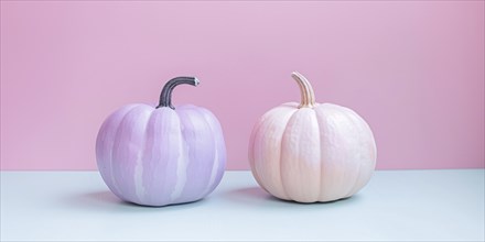 Pastel violet and cream colored pumpkins in front of blue and pink background. Generative Ai, AI