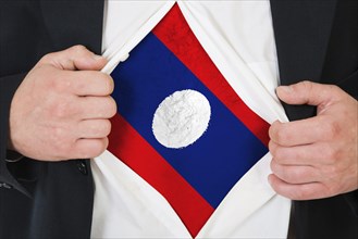 The Laotian flag painted on the chest of a man