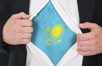 The Kazakh flag painted on the chest of a man