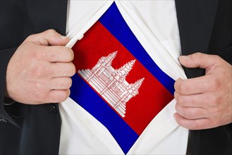 The Cambodian flag painted on the chest of a man