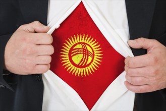 The Kyrgyz Flag painted on the chest of a man