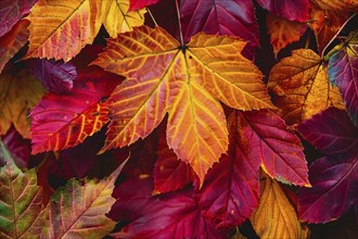 Close up of colorful maple autumn leaves. Generative AI, AI generated