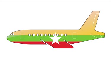 The Myanmar flag painted on the silhouette of a aircraft. glossy illustration