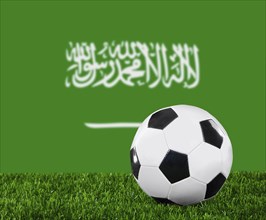 The Saudi Arabia flag and soccer ball on the green grass