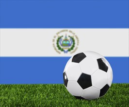 The Salvador flag and soccer ball on the green grass