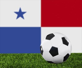 The Panama flag and soccer ball on the green grass