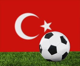 The Turkish flag and soccer ball on the green grass