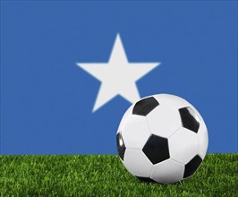 The Somalia flag and soccer ball on the green grass