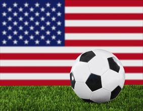 The USA flag and soccer ball on the green grass