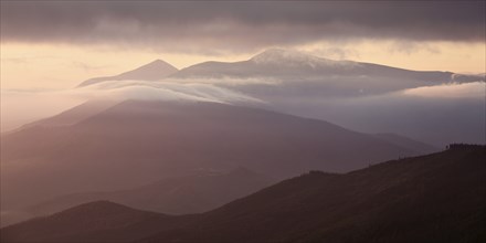 Panoramic view of Carpathian mountains silhoutte, Ukraine, Europe