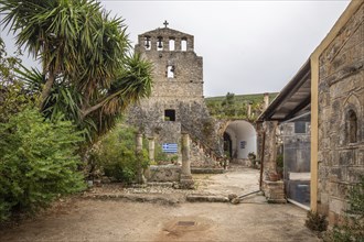 Beautiful typical Greek monastery walls. Ruins in the Mediterranean architectural style of Greece.