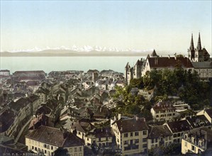 The city, General view with the Alps, Neuchatel and the castle, Switzerland, Historical, digitally