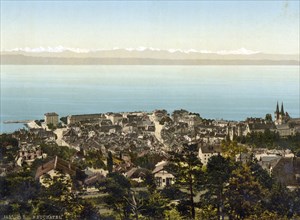 The city, general view with the Alps, Neuchatel, Switzerland, Historical, digitally restored