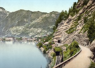 Gotthard tunnel and Axenstrasse, Vierwaldstaettersee, Switzerland, Historic, digitally restored