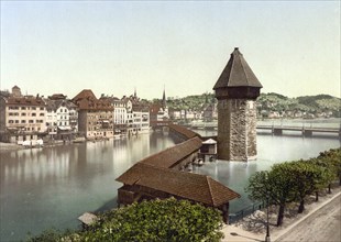 Chapel Bridge and Water Tower, Lucerne, Switzerland, Historic, digitally restored reproduction from