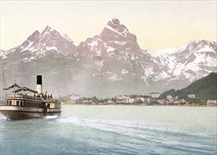 Fountain and the myths, Vierwaldstaettersee, Switzerland, Historical, digitally restored