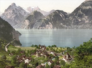 Sisikon, Vierwaldstaettersee, Switzerland, Historic, digitally restored reproduction from a 19th